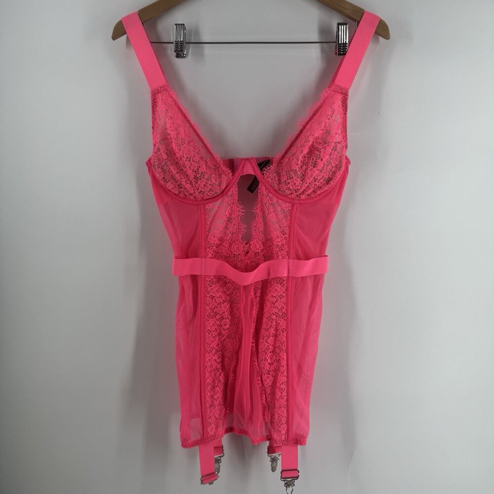 VICTORIA’S SECRET Neon Hot Pink Lace Garter Slip Corset Sexy Feminine Club 36D